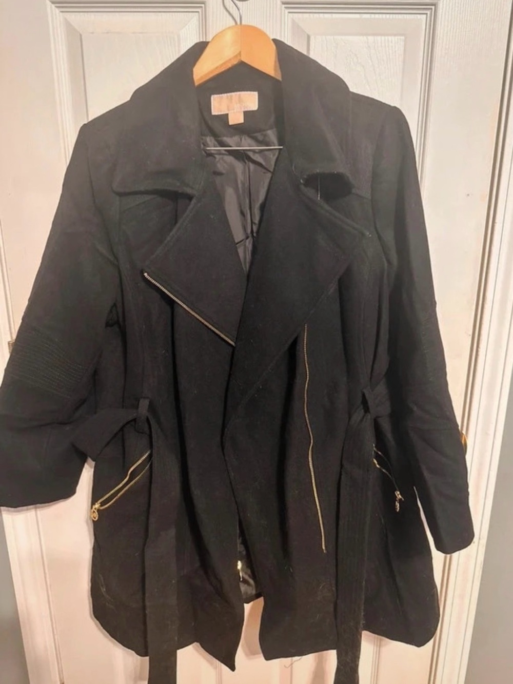 MICHAEL Michael Kors Black Asymmetrical Trench Coat with Gold Zippers